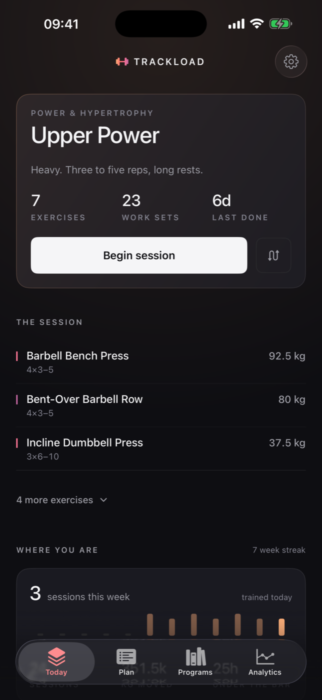 The Today screen: the next session laid out, with every lift, set and weight already decided.