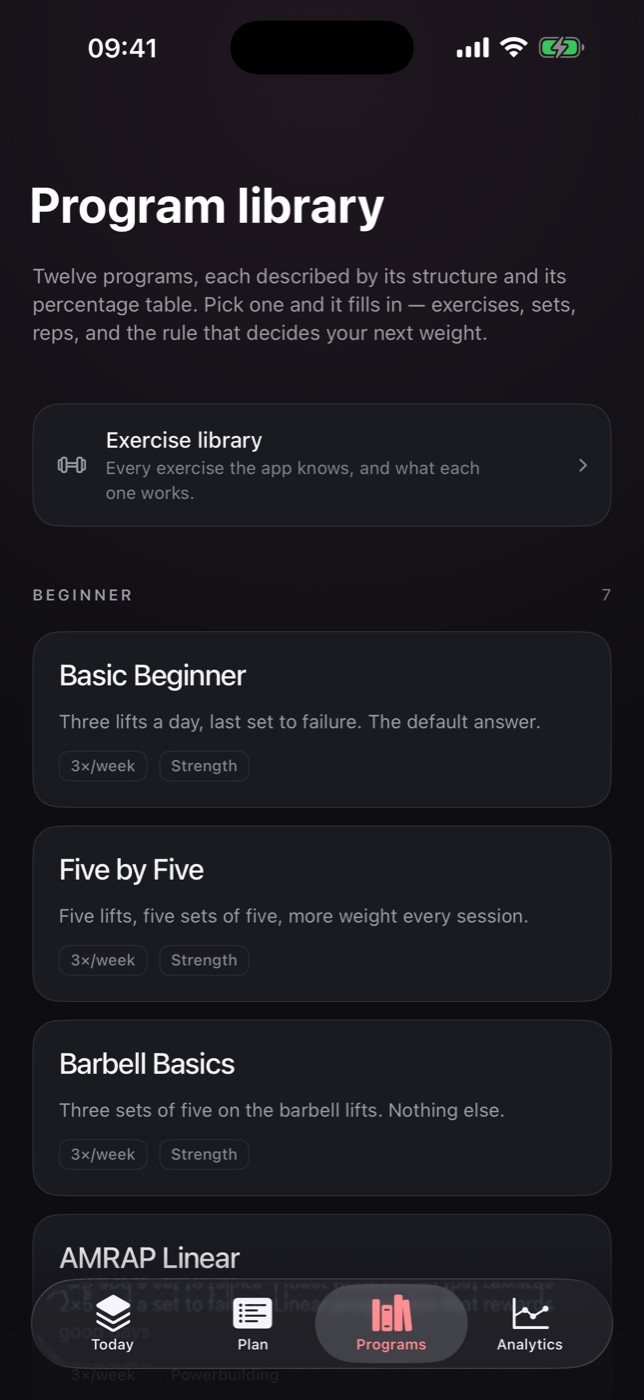 The program library, listing twelve programs grouped by experience level.