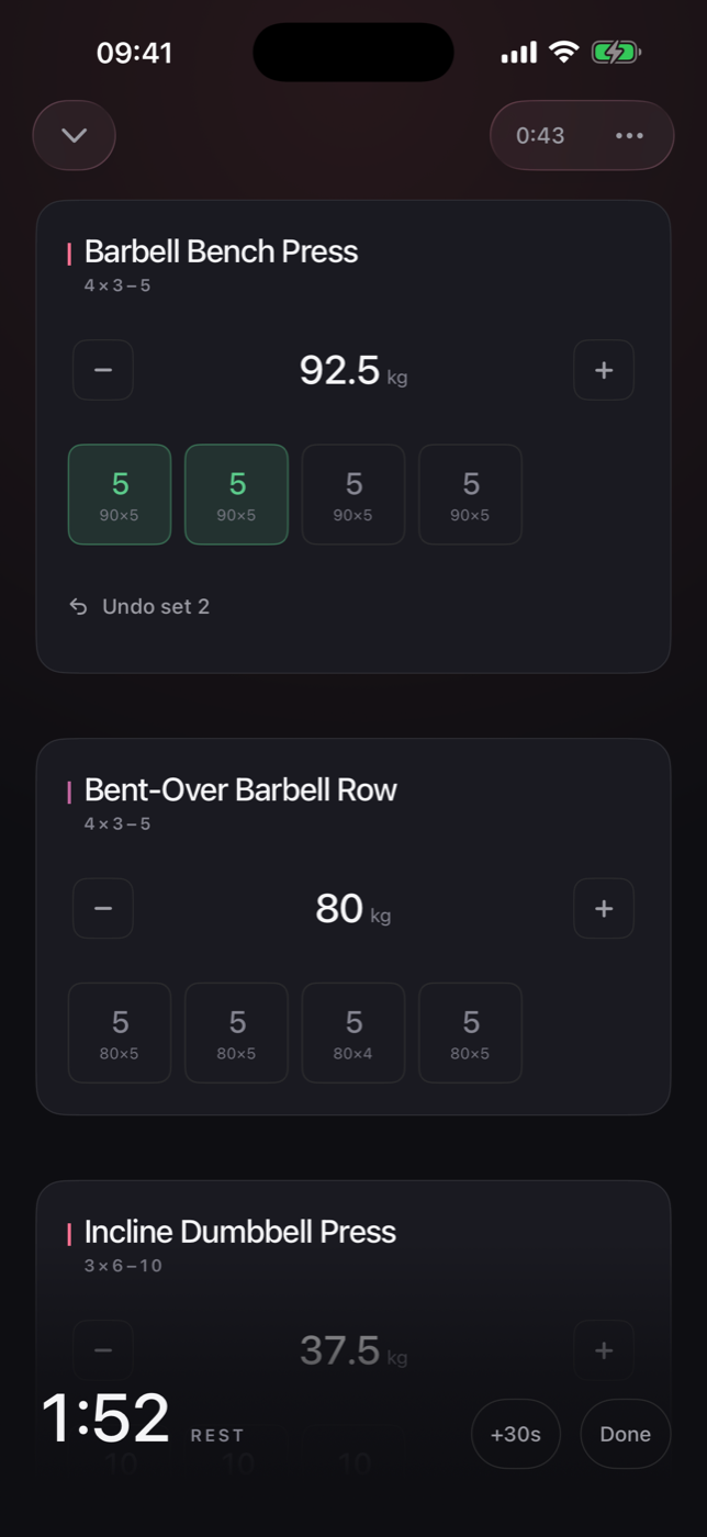 An active session: sets logged with one tap and a rest timer counting down.